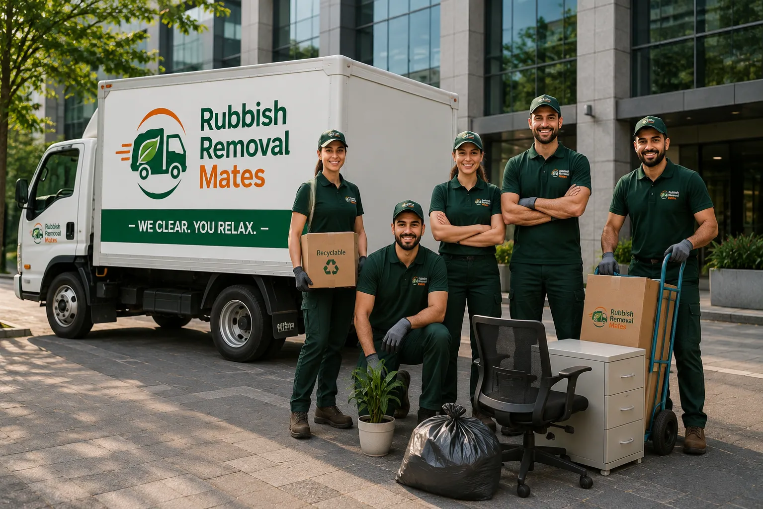The professional team of Rubbish Removal Mates with their branded truck in Melbourne