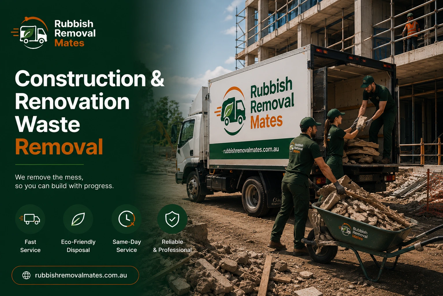 Construction and renovation waste removal professionals clearing building debris in Melbourne