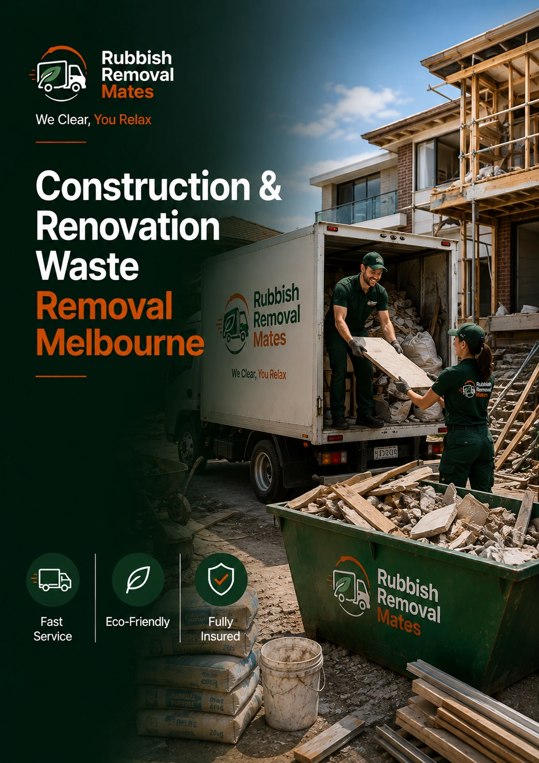 Construction and renovation waste removal in Melbourne — team clearing building debris