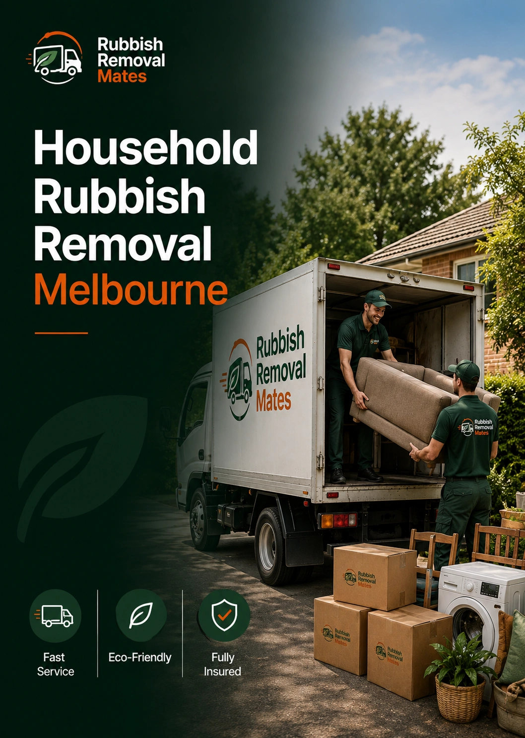 Professional household rubbish removal team loading furniture into a branded Rubbish Removal Mates truck in Melbourne