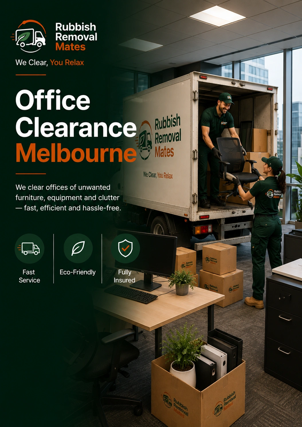 Office clearance in Melbourne — team removing old office desks and equipment